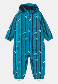 Completo impermeabile blu con stampa panda, dotato di cappuccio, polsini elasticizzati e zip frontale a tutta lunghezza. Design a strisce in diverse sfumature di blu.