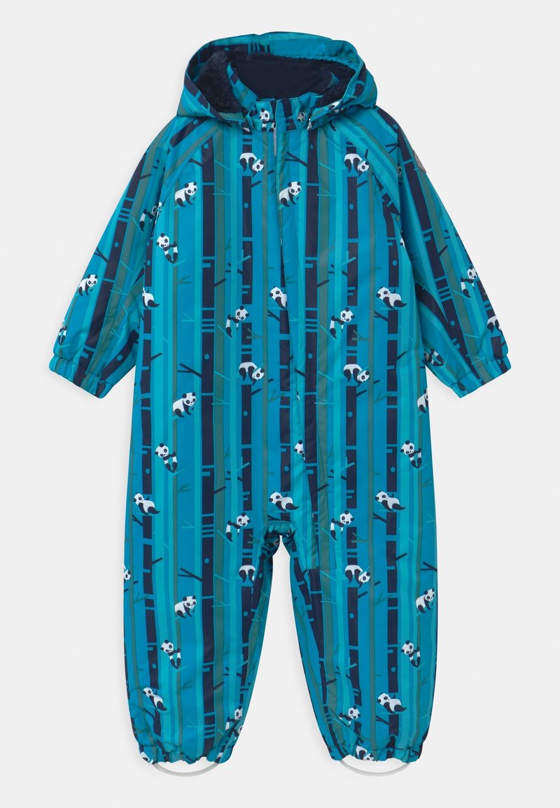 Completo impermeabile blu con stampa panda, dotato di cappuccio, polsini elasticizzati e zip frontale a tutta lunghezza. Design a strisce in diverse sfumature di blu.