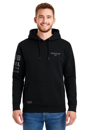 Black hoodie made of soft fabric, featuring a front pocket, drawstrings, and embroidery on the chest and sleeve in gray.