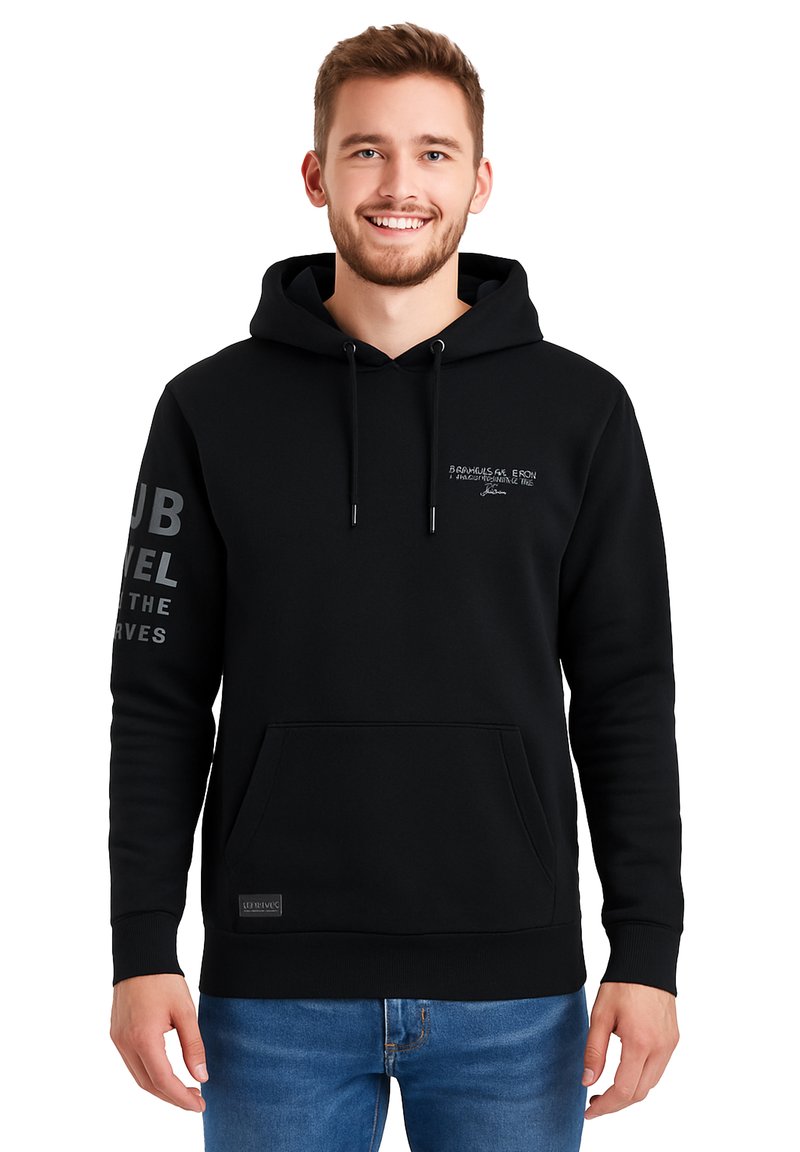 Black hoodie made of soft fabric, featuring a front pocket, drawstrings, and embroidery on the chest and sleeve in gray.