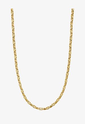 Halskette aus goldenem Metall mit ineinandergreifenden ovalen Gliedern, glatter Oberflächenstruktur und einem einheitlichen, länglichen Design.