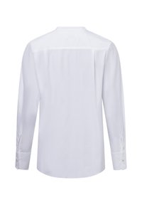 White long-sleeve shirt featuring a point collar, buttoned cuffs, and smooth fabric. The back displays a plain design with a yoke detail.