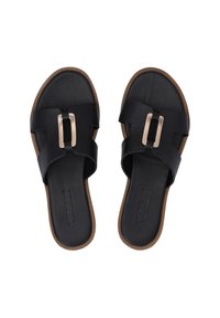 Black slide sandals made of leather, featuring two wide straps, a gold-tone rectangular buckle, and a textured brown sole.