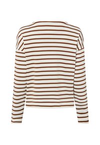 Gestreiftes Langarm-Oberteil in Weiß mit braunen horizontalen Streifen. Verfügt über einen runden Halsausschnitt und eine lockere Passform. Weiche Stofftextur.