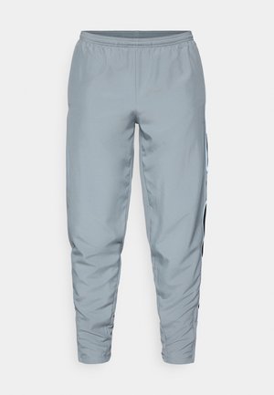 Light gray athletic pants with elastic waistband, tapered legs, and black side stripes for added detail. Smooth, lightweight fabric.