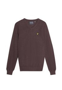 Maglione a V in un intenso color maroon, realizzato in un tessuto morbido. Presenta maniche lunghe e un piccolo logo giallo a forma di aquila sulla parte sinistra del petto.