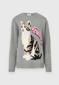 Pull en tricot gris avec un motif de chat en noir et beige, portant le mot "Future" en rose sur le devant.