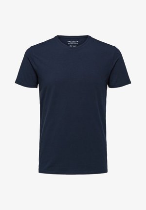 Tricou dark blue cu mânecă scurtă, fabricat din bumbac neted. Dispune de un gât rotund și o croială lejeră, cu un design simplu, de culoare solidă.