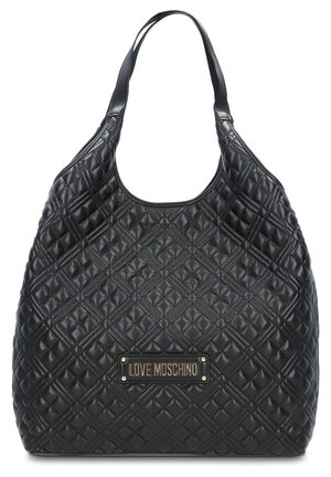 Borsa trapuntata nera dal design hobo, caratterizzata da una texture in pelle liscia, targhetta con logo prominente e una tracolla singola.