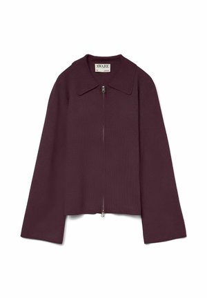 Burgundy zip-up jacket with a collared neckline, long sleeves, and a textured fabric finish, featuring a silver zipper detail at the front.