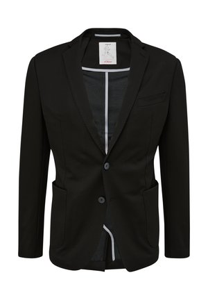 Schwarzer Blazer mit schlankem Schnitt, zwei Vorderentaschen, einreihigem Knopfverschluss und weißen Akzentdetails im Kragen und Futter.