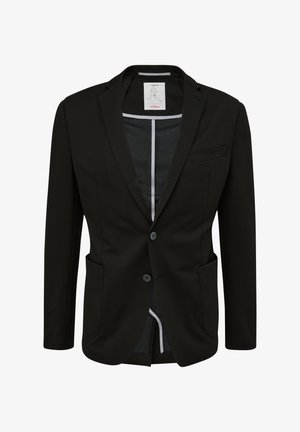 Schwarzer Blazer mit schlankem Schnitt, zwei Vorderentaschen, einreihigem Knopfverschluss und weißen Akzentdetails im Kragen und Futter.