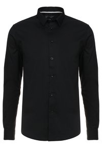 Zwarte lange mouwen shirt, knoopsluiting ontwerp, katoenen stof, spitse kraag, zes knopen aan de voorkant, gestructureerd oppervlak, slim fit.