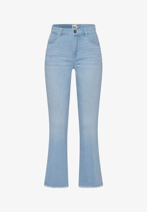 Vaqueros de mezclilla de color azul claro, acampanados con cintura alta, diseño de cinco bolsillos, cierre de un solo botón y textura suave.