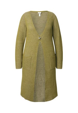 Olivově zelený pletený cardigan s hlubokým V-výstřihem, dlouhými rukávy, dvěma předními kapsami a jedním knoflíkovým zapínáním. Texturovaný vzor po celé ploše.