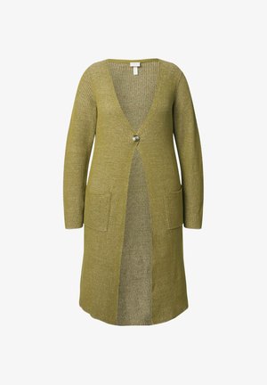 Olivgrüner gestrickter Cardigan mit tiefem V-Ausschnitt, langen Ärmeln, zwei vorderen Taschen und einem einzelnen Knopfverschluss. Mit strukturiertem Muster überall.