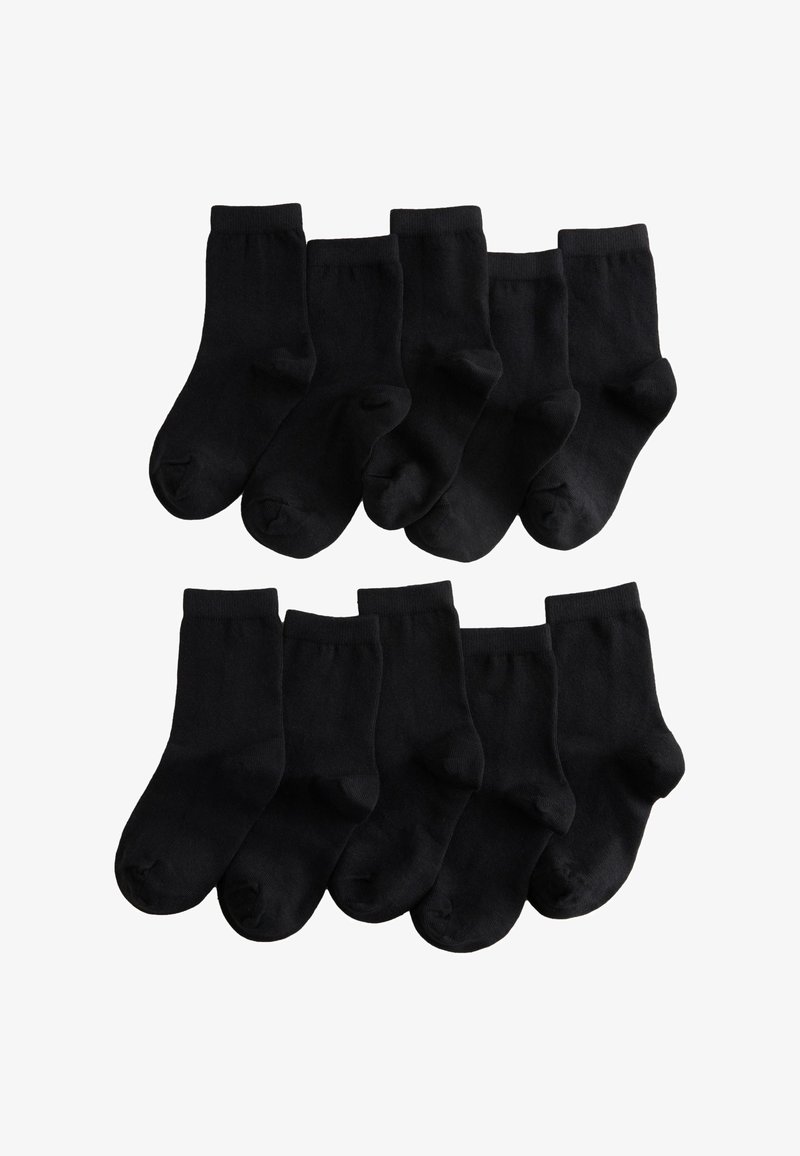 Zehn Paar schlichte schwarze Knöchelsocken, angeordnet in zwei horizontalen Reihen auf weißem Hintergrund.