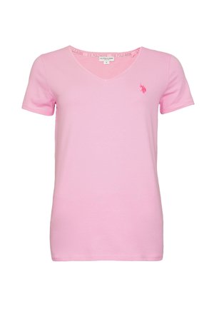 Lyserød kortærmet T-shirt til kvinder med V-hals, lille broderet logo på venstre bryst og mærket indvendig krave.