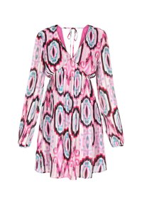 Rochie multicolor cu decolteu în V, mâneci lungi, spate cu șnur și un model abstract în nuanțe de roz, negru și albastru.