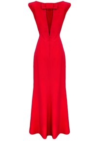 Czerwona wieczorowa sukienka z głębokim dekoltem w kształcie V, z małymi rękawami, dopasowanym gorsetem i rozkloszowanym dołem. Posiada akcent w postaci kokardy z tyłu.