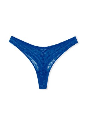 Blaue Spitzen-Tanga mit Blumenmuster, gewellten Kanten und einem dünnen Bund. Verfügt über eine durchsichtige Textur und detaillierte Nähte.