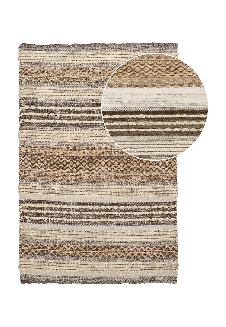 Tapis en textile présentant des rayures dans des tons beige, marron et gris. Texture tordue avec des détails à motifs, forme rectangulaire et bords effilochés.