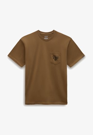 T-shirt marron à manches courtes en tissu doux, avec une poche poitrine ornée du logo noir de Vans et un design léger et simple.