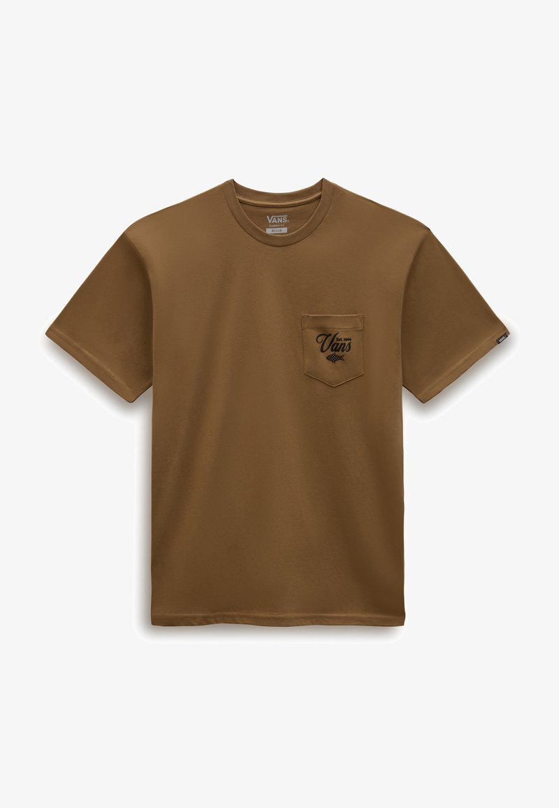 T-shirt marrone a maniche corte realizzato in tessuto morbido, con una tasca sul petto recante il logo nero di Vans, caratterizzato da un design leggero e semplice.