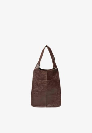 Dark brown leather shoulder bag with a wide strap and a large front pocket, displayed on a white background.