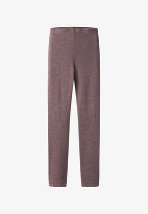 Paarse legging met een gestructureerd patroon, met ronde kniestukken en een golvende zoom. Gemaakt van een zachte, rekbare stof.