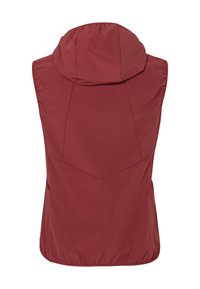 Giubbotto senza maniche rosso con cappuccio, realizzato in tessuto leggero. Presenta una texture liscia e cuciture posteriori angolate per un dettaglio di design.