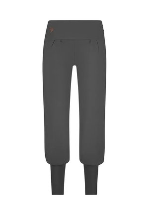 Dunkelgraue, hochtaillierte, cropped Jogger-Hosen mit eng anliegenden Rippbündchen und kleinem besticktem Logo in der Nähe des Bundes.