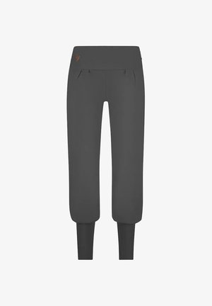 Dunkelgraue, hochtaillierte, cropped Jogger-Hosen mit eng anliegenden Rippbündchen und kleinem besticktem Logo in der Nähe des Bundes.