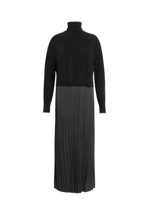 Abito nero con corpo a collo alto aderente e gonna maxi plissettata. Realizzato in materiale morbido, presenta una texture liscia e un design a strati.