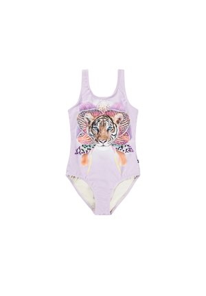 Fialový one-piece plavky s tigrovou grafikou na prednej strane, s kvetinovými akcentmi a hladkým povrchom. Dizajn s pretekárskym chrbtom a klasickým strihom.