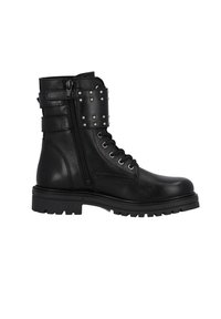 Botas de charol negras hasta el tobillo con punta redonda, cierre de cremallera, parte delantera con cordones, tachuelas en la correa del tobillo y suela de goma resistente.