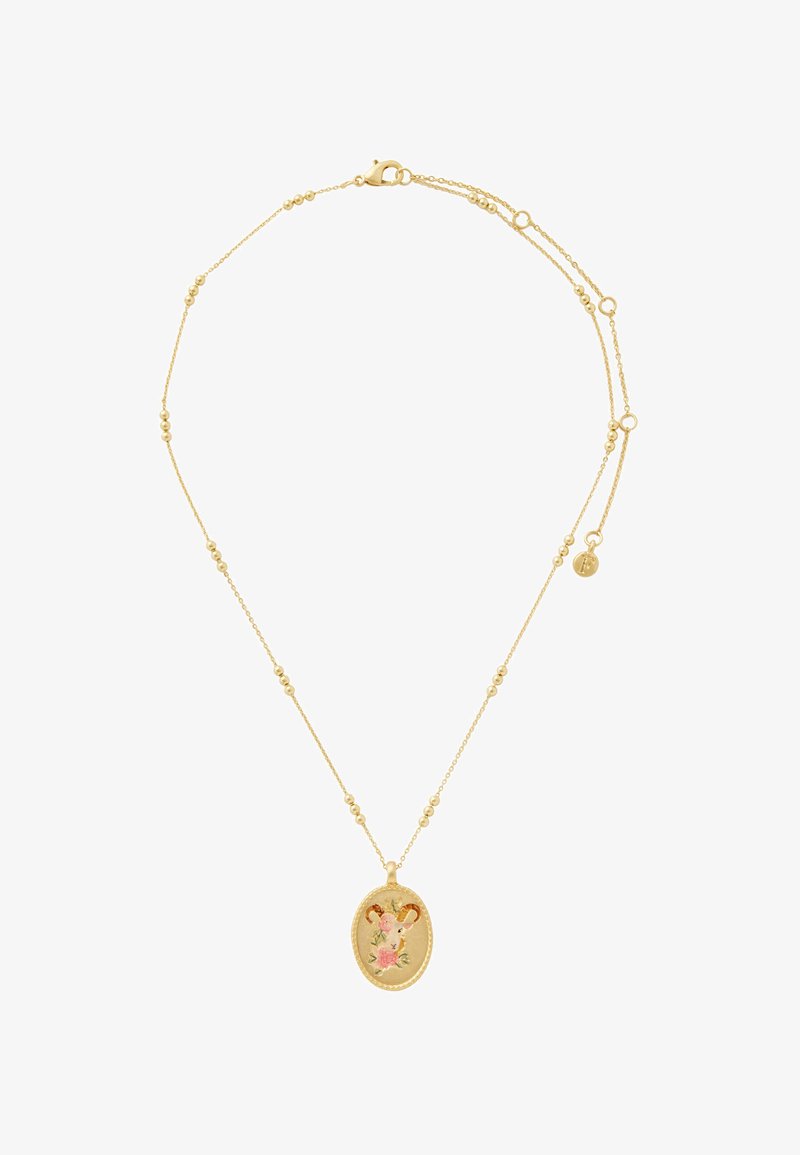 Delicate gold chain necklace with small bead clusters and an oval pendant featuring a ram head and pink floral design.