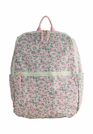 Mochila con patrón floral rosa, bolsillo frontal con cremallera, doble tirador de cremallera, bolsillos laterales y asa superior rosa.