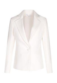 Weißer taillierter Blazer mit einem einreihigen Knopfverschluss, Reverskragen und langen Ärmeln. Hergestellt aus einem glatten, strukturierten Stoff.