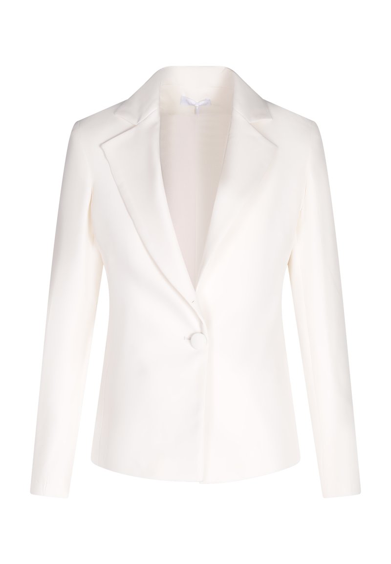 Weißer taillierter Blazer mit einem einreihigen Knopfverschluss, Reverskragen und langen Ärmeln. Hergestellt aus einem glatten, strukturierten Stoff.