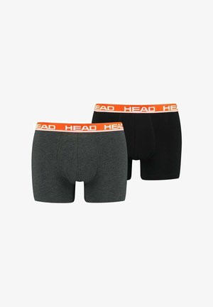 Dos pares de calzoncillos de hombre: uno gris y otro negro, ambos con una cintura naranja que presenta el nombre de la marca "HEAD" en letras blancas.