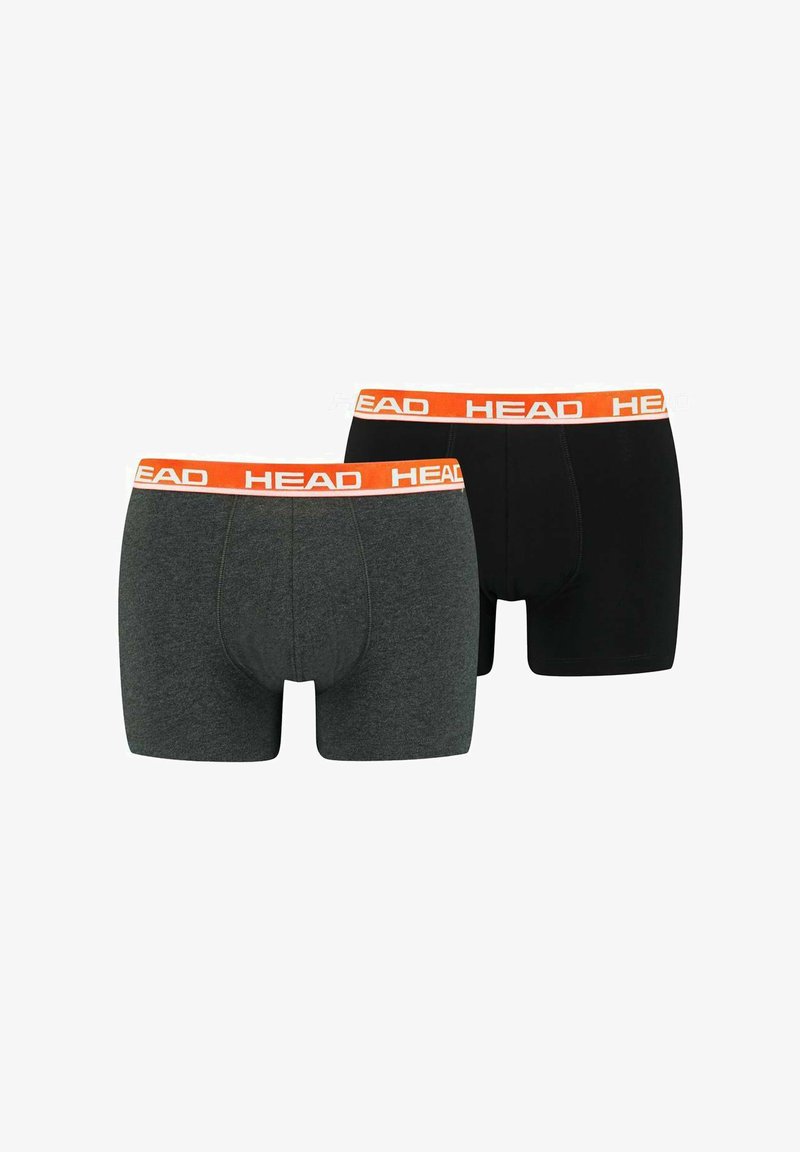 Zwei Paare Herren-Boxershorts: eine graue und eine schwarze, beide mit einem orangenen Bund, auf dem der Markenname "HEAD" in weißen Buchstaben steht.