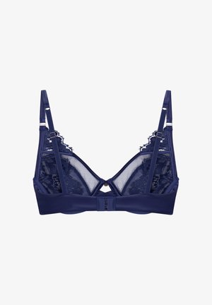 Marineblauwe bh met een mix van kant en gaas. Heeft dunne verstelbare bandjes, een haaksluiting en een geometrisch rugontwerp.