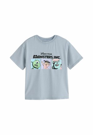 Lyseblå T-shirt med tre Monsters, Inc.-figurer i farvede firkanter og Disney Pixar Monsters, Inc.-logoet over dem.