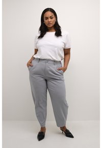 Pantaloni grigi su misura con una vestibilità rilassata e tasche laterali, abbinati a una maglietta bianca. Scarpe nere a punta completano l'outfit.