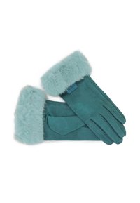 Guanti in suede teal con un morbido polsino in pelliccia sintetica di un leggero teal. Presentano cuciture decorative e una tasca interna per una maggiore funzionalità.