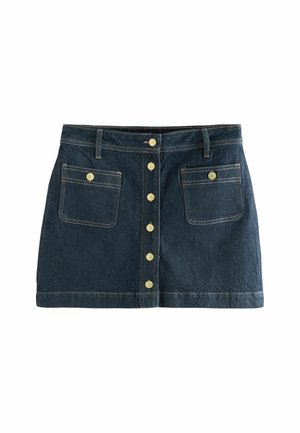 Denimnederdel med mørk vask, har en frontknaplukning, to forlommer og kontrasterende gul syning.