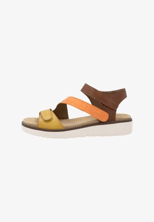 Sandaler med en overdel i gul, orange og brun læder; har brede stropper og en polstret indersål; tyk hvid sål med struktureret greb.
