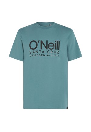 Teal katoenen t-shirt met korte mouwen en een ronde hals. Voorzien van vet zwart tekst: "O'Neill SANTA CRUZ CALIFORNIA-V.S." aan de voorkant.