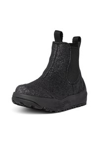 Black ankle boots with a textured, sparkly upper, elastic side panels, and a durable rubber sole featuring a patterned tread for traction.
